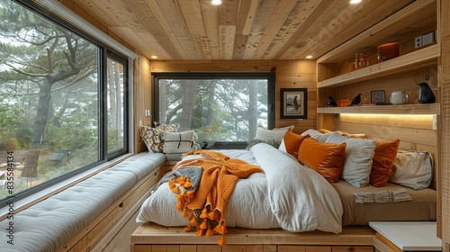 Luxury tiny house bedroom, showcasing a plush bed with fine linens, built-in storage, and a panoramic window offering a stunning view. The attention to detail ensures a cozy and luxurious feel.