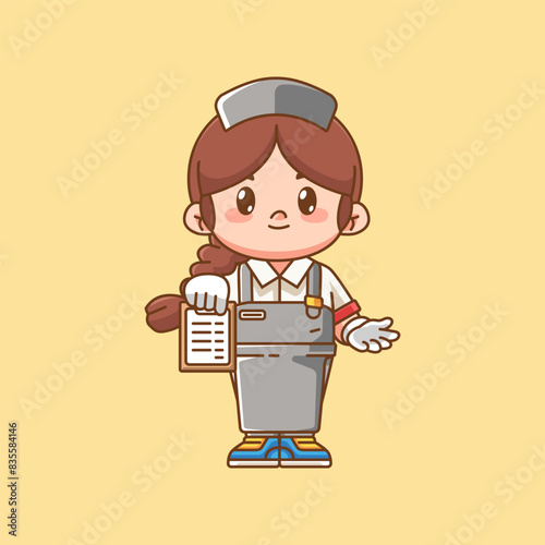Cute girl waiter shows menu kawaii chibi character mascot illustration outline style design
