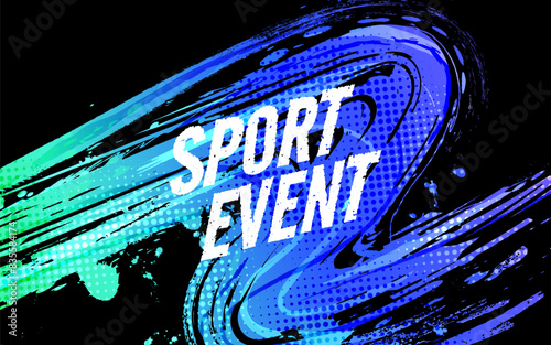 Abstract Sports Background with Blue and Green Gradient Brushstrokes and Halftone Effect. Vibrant Grunge Background