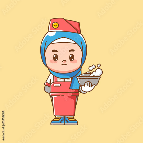 Cute muslim girl waiter serve bowl soup kawaii chibi character mascot illustration outline style design