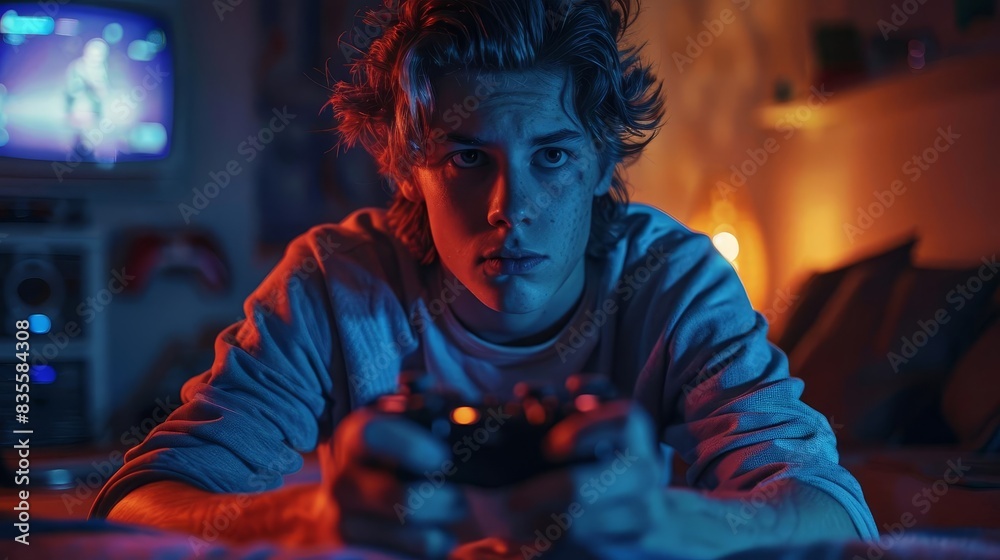 Indulge in the thrill of virtual adventures with stunning visuals of a gamer engrossed in playing video games in the darkness of night Indulge in the thrill of virtual adventures with stunning visuals of a gamer engrossed in playing video games in the darkness of night