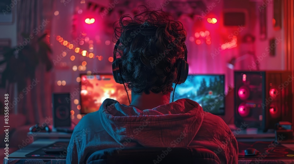 Indulge in the thrill of virtual adventures with stunning visuals of a gamer engrossed in playing video games in the darkness of night Indulge in the thrill of virtual adventures with stunning visuals of a gamer engrossed in playing video games in the darkness of night