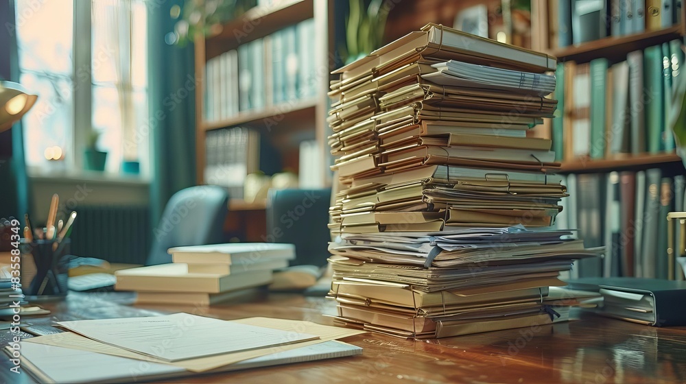 Indulge in the tranquility of an orderly workspace with captivating visuals of a stack of paperwork and documents expertly organized in folders Indulge in the tranquility of an orderly workspace with captivating visuals of a stack of paperwork and documents expertly organized in folders