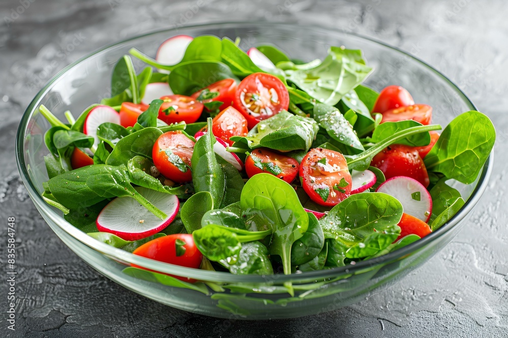 A glass bowl filled with spinach A glass bowl filled with spinach