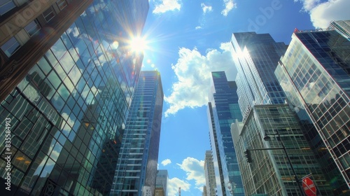 A wideangle photo of tall buildings in downtown Montreal  showcasing glass facades and modern architecture under the bright sunlight.  low angle