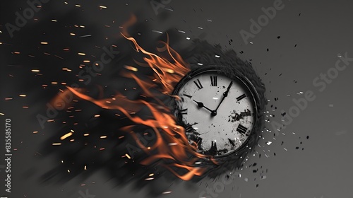 Create an image that shows a burning clock on a single color background. which symbolizes how time passes quickly. photo