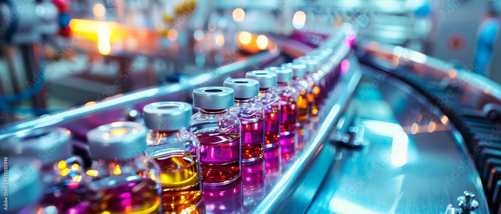 A colorful and dynamic composition of vials being transported along a mechanized conveyor belt in a pharmaceutical factory