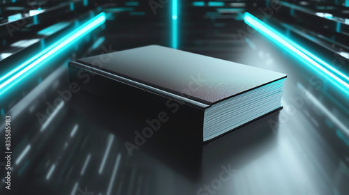 Low-angle view of a modern hardcover book, sleek minimalist design, clean lines, digital CG 3D rendering, vibrant colors, floating on a futuristic background, sharp and dynamic photo