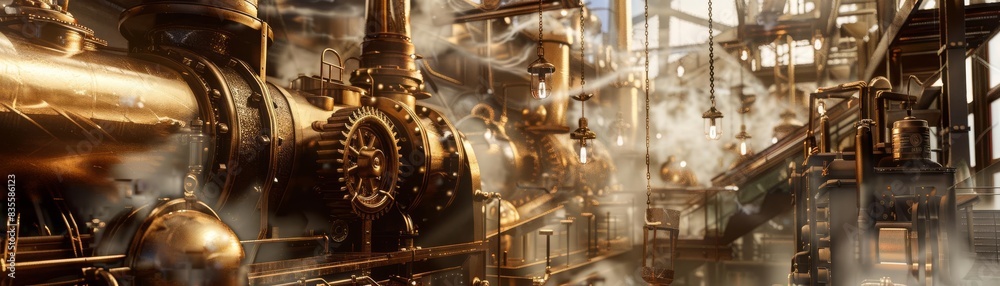 A steampunk gas station with brass fixtures and gears turning in the background, billowing smoke from stacks A steampunk gas station with brass fixtures and gears turning in the background, billowing smoke from stacks