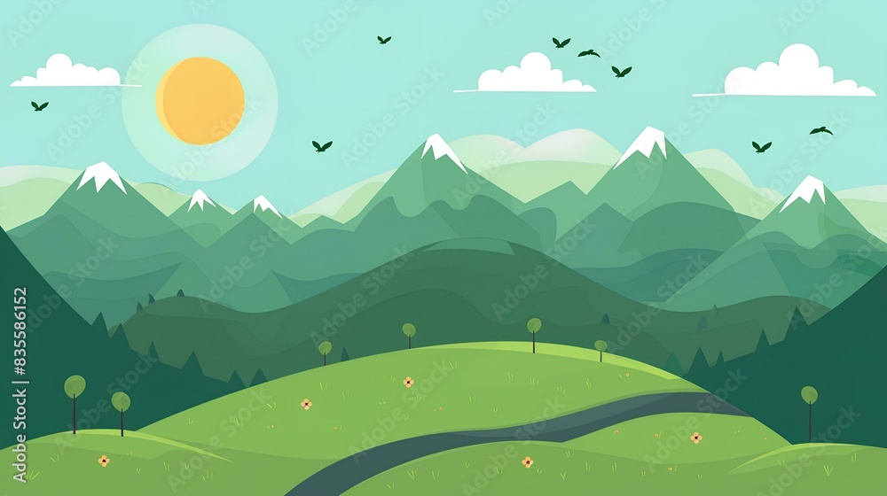 green hills and mountains with sun, clouds, birds in the sky, winding path on a light blue background, simple shapes, minimalist style, bright colors, cute cartoon design