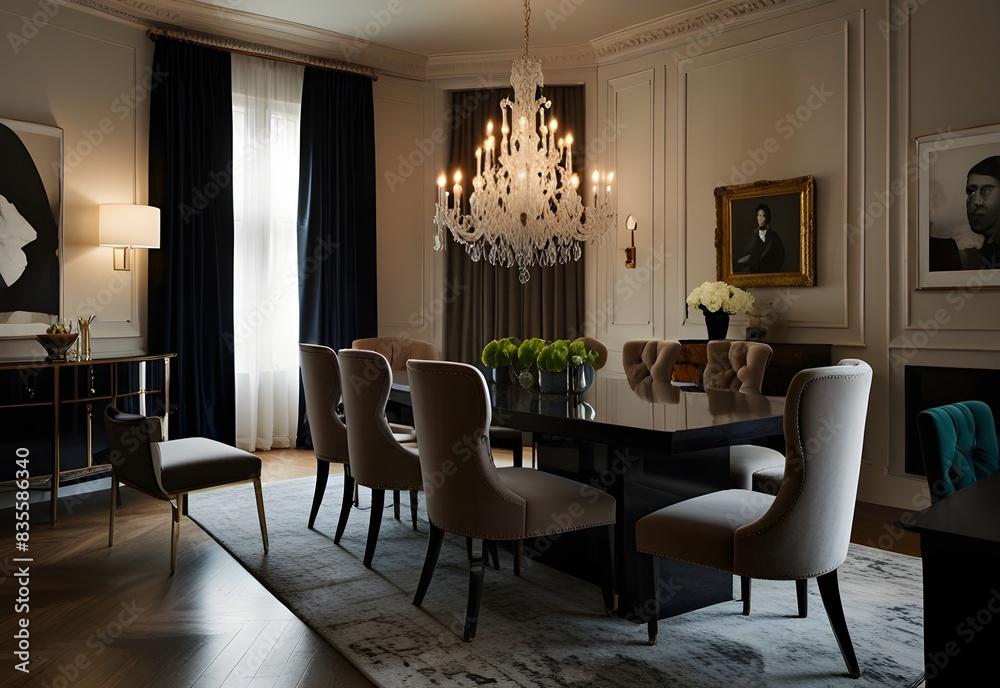 Dining room with a large table, velvet chairs, and a statement chandelier, elegant and modern, generative AI Dining room with a large table, velvet chairs, and a statement chandelier, elegant and modern, generative AI