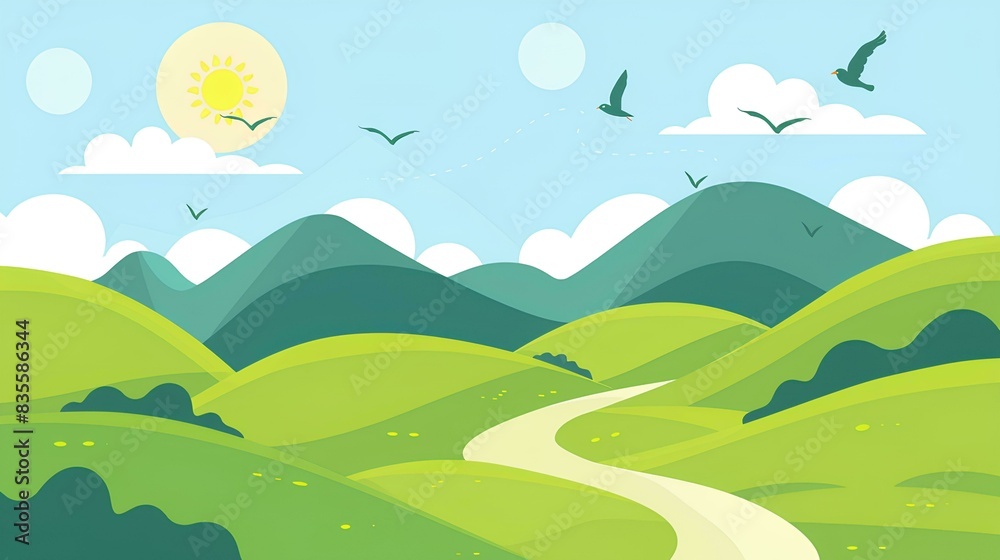 green hills and mountains with sun, clouds, birds in the sky, winding path on a light blue background, simple shapes, minimalist style, bright colors, cute cartoon design green hills and mountains with sun, clouds, birds in the sky, winding path on a light blue background, simple shapes, minimalist style, bright colors, cute cartoon design