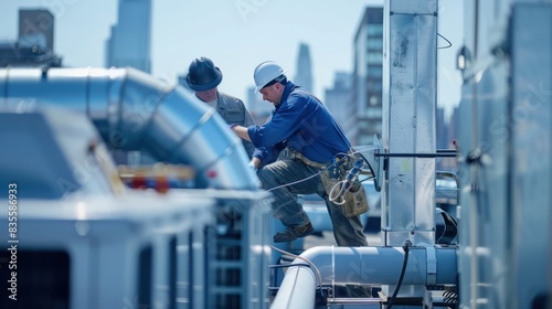 Construction workers install and maintain HVAC pipe systems on the roof of a building.