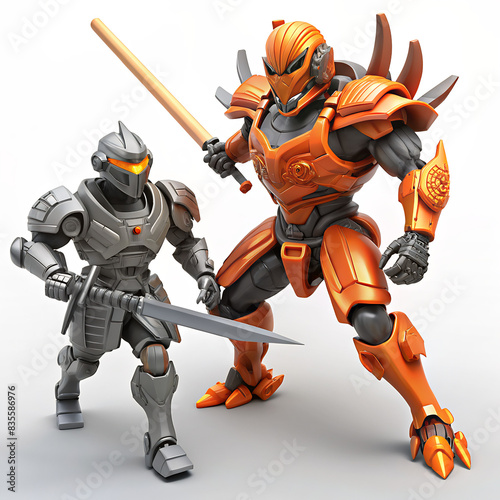 Mech samurai warrior with katana on an armored arm and large lance. Futuristic robot with white gray color metal. Sci-fi Mech Battle. Big robot mech with orange paint. 3D rendering on dark background.