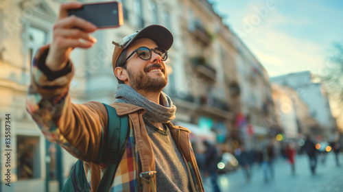 a male tourist taking selfie picture of himself