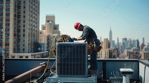 Construction workers install and maintain HVAC pipe systems on the roof of a building.