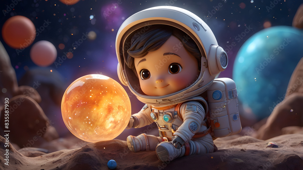 Fototapeta premium a small astronaut is holding a ball and a space suit
