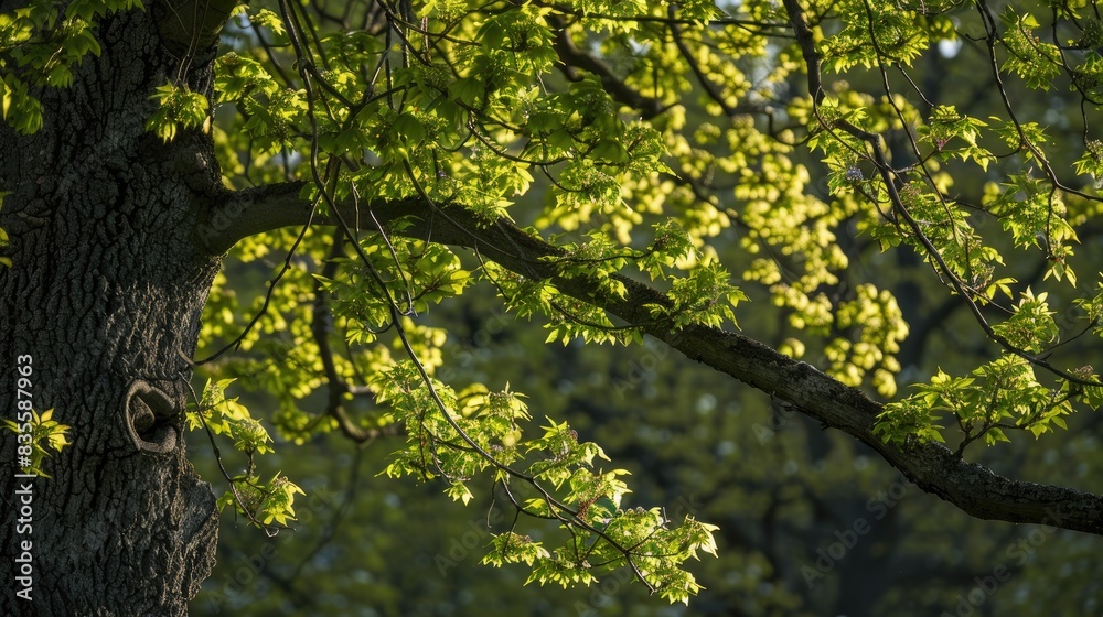Fototapeta premium Tree displaying fresh green leaves during the beginning of spring