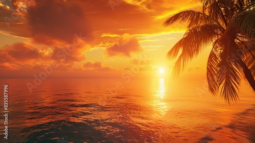 Seascape with orange skies sun and palm trees from a high angle in the morning