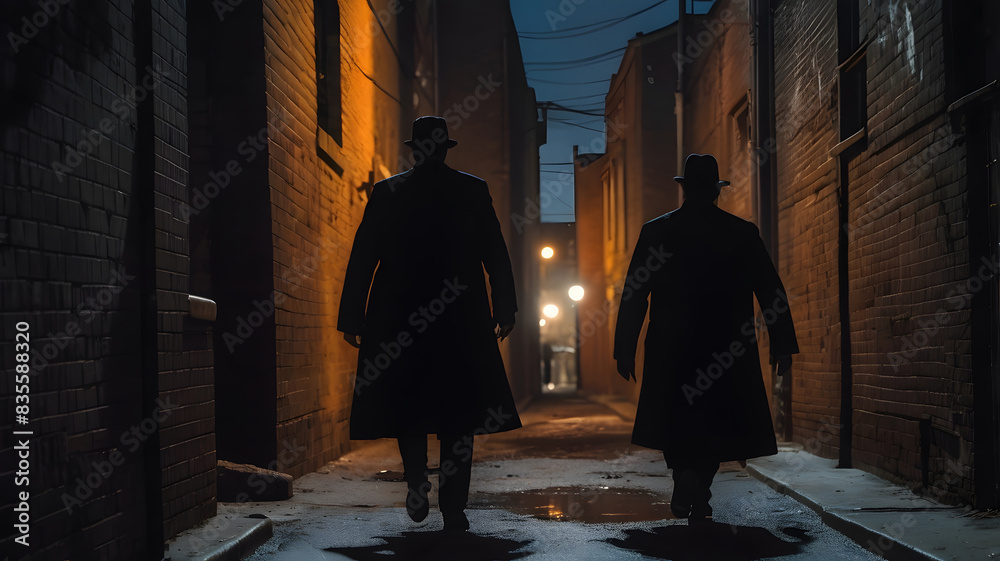 two men walk down a dark alley in the dark with a light on the left two men walk down a dark alley in the dark with a light on the left