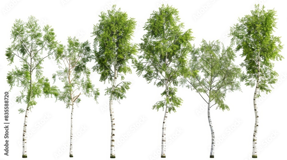 Fototapeta premium Beautiful Birch Trees Isolated on White Background, Generative AI