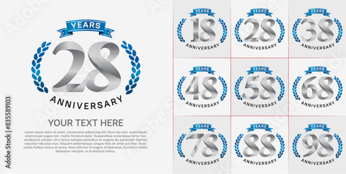 anniversary logotype set vector, silver color and blue ribbon for special day celebration