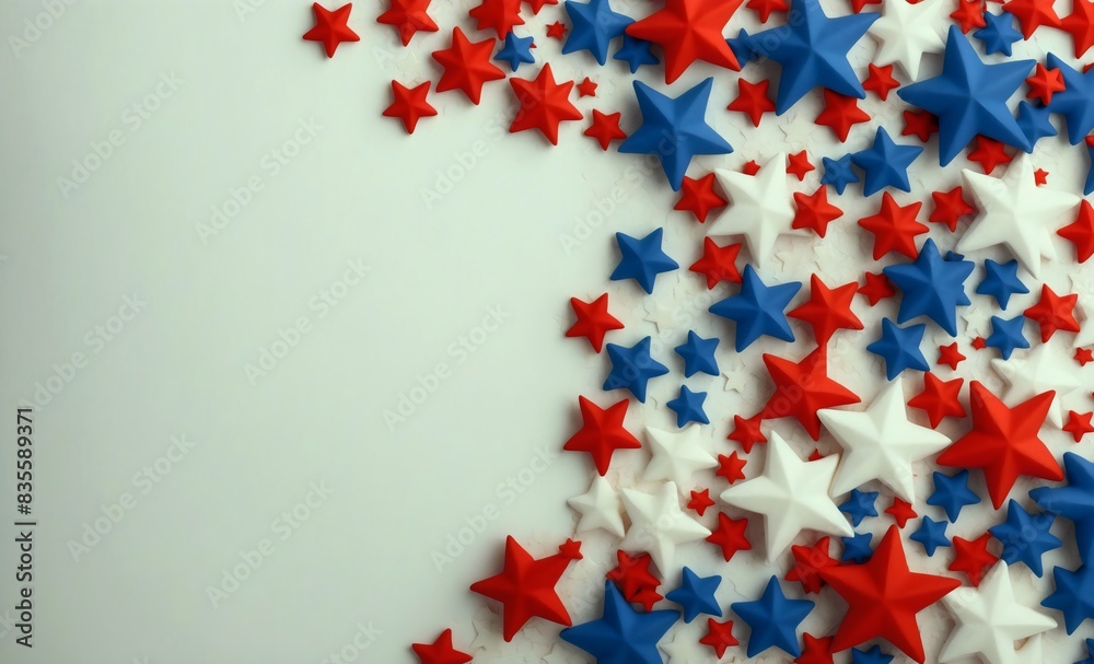 Side border with with red, white, and blue stars decoration, 4th July celebration and festive concept, on a white background, top view, copy space for text Side border with with red, white, and blue stars decoration, 4th July celebration and festive concept, on a white background, top view, copy space for text