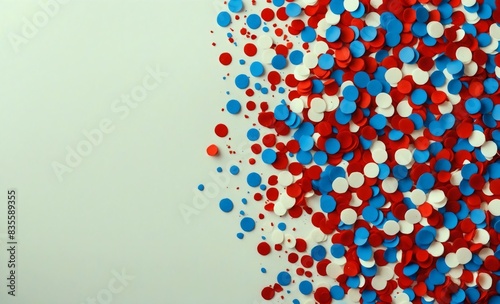 Side border of a mix of red  white  and blue confetti adding a fun and celebratory touch  on a white background  top view  copy space for text