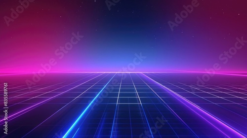 Abstract background with neon blue and purple light, dark black gradient stage for product presentation with grid on the floor