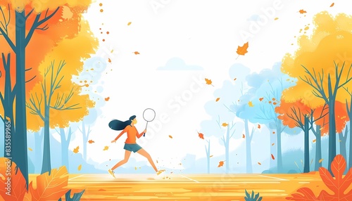 Illustrate a flat design of a person playing badminton in a park