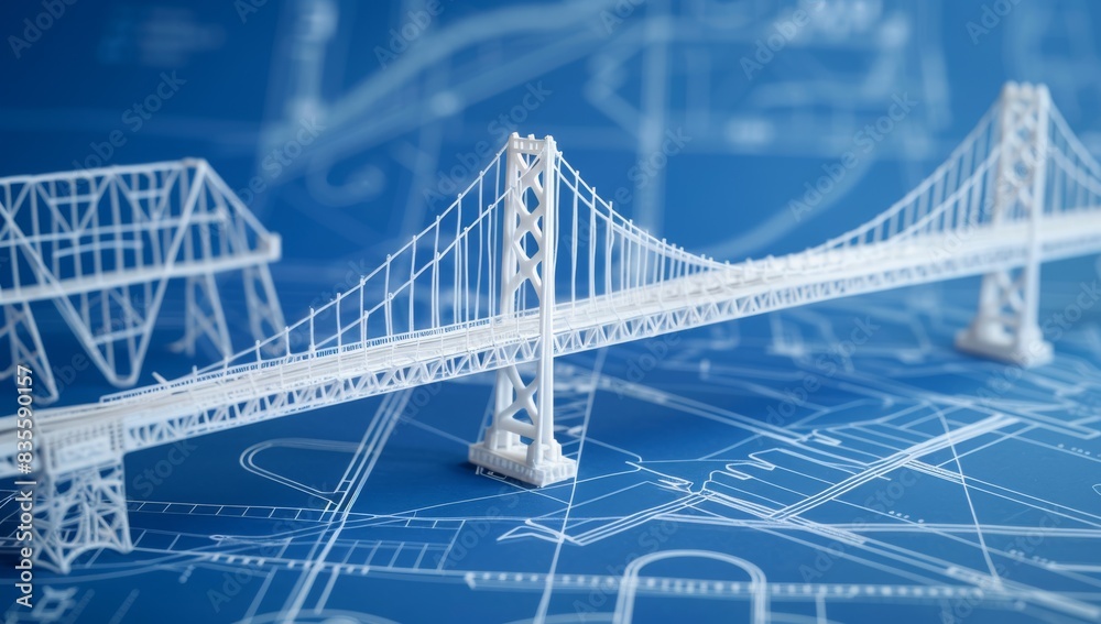 Fototapeta premium 3d white model of the bay bridge on blue blueprint background, high resolution photography