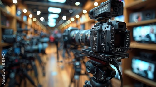 A professional-grade digital camera with advanced audio equipment  displayed in a highly-equipped  modern studio setting filled with various camera gear  creating a vibrant atmosphere for photography