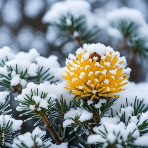 snow - covered branch of a white flower on background snow. close up. photo