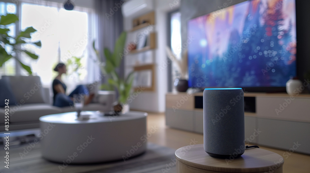 A woman is sitting on a couch in a living room with a smart speaker on a table i A woman is sitting on a couch in a living room with a smart speaker on a table i