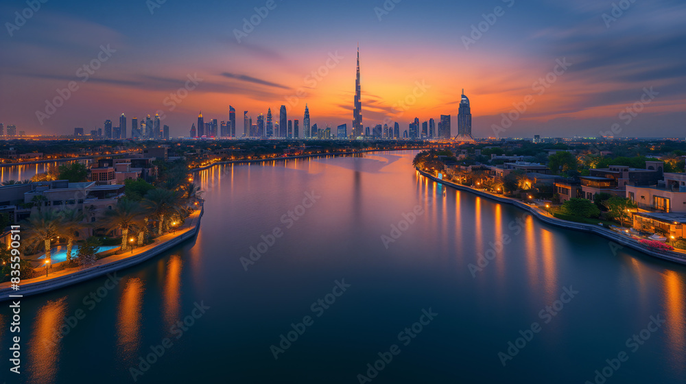 A panoramic view of Dubais skyline at sunset, with the Burj Khalifa standing tall in the center of the image. The iconic building is reflected in the calm waters of a canal, surrounded by lush greener A panoramic view of Dubais skyline at sunset, with the Burj Khalifa standing tall in the center of the image. The iconic building is reflected in the calm waters of a canal, surrounded by lush greener