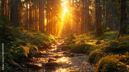 A serene forest scene with golden sunlight filtering through the tall trees at dawn, illuminating a peaceful stream meandering through lush greenery photo