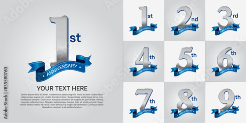 anniversary logotype set vector, silver color and blue ribbon for special day celebration