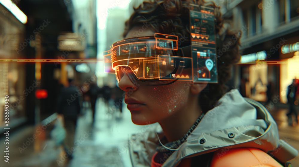 A woman wearing a pair of virtual reality goggles is standing on a city street A woman wearing a pair of virtual reality goggles is standing on a city street