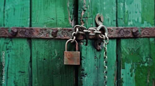 A green wooden door is locked with an old padlock and chain, symbolizing security or protection from bad weather. © DWN Media