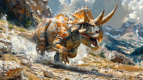 Protoceratops defending itself from a predator in a mountainous terrain