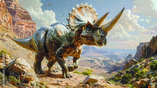 Protoceratops defending itself from a predator in a mountainous terrain photo