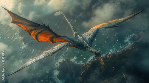 Pteranodon soaring through the skies during a stormy weather