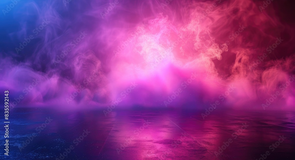 Abstract background with neon light, night sky and smoke on dark floor, glowing lines in purple pink color. Night scene of empty room or stage for product presentation
