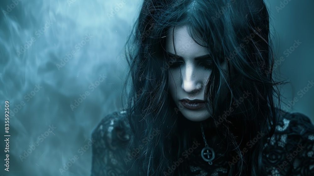 A somber and mysterious gothic woman adorned in dark lace clothing stands amid ethereal fog and shadows, evoking an otherworldly aura in the atmospheric blue-toned scene A somber and mysterious gothic woman adorned in dark lace clothing stands amid ethereal fog and shadows, evoking an otherworldly aura in the atmospheric blue-toned scene