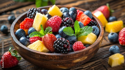 A beautifully arranged wooden bowl filled with a fresh assortment of vibrant fruits  including strawberries  blueberries  raspberries  blackberries  and pineapple chunks  placed on a rustic wooden