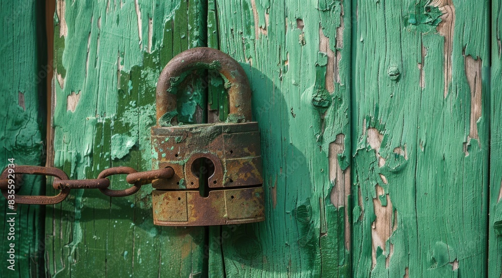 A green wooden door is locked with an old padlock and chain, symbolizing security or protection from bad weather. A green wooden door is locked with an old padlock and chain, symbolizing security or protection from bad weather.