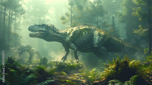 Sinornithosaurus hunting in a dense misty jungle with ancient ferns and mosscovered trees and other dinosaurs nearby