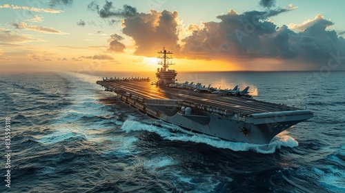 A majestic aircraft carrier cruising through the open sea at sunset, with beautiful clouds and the warm glow of the sun reflecting off the ocean waves