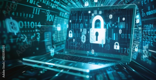 A laptop with symbols of security and money on its screen, in a vector illustration.