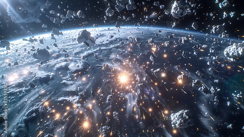 space debris field near Earth with fragments of old satellites and rockets scattered throughout